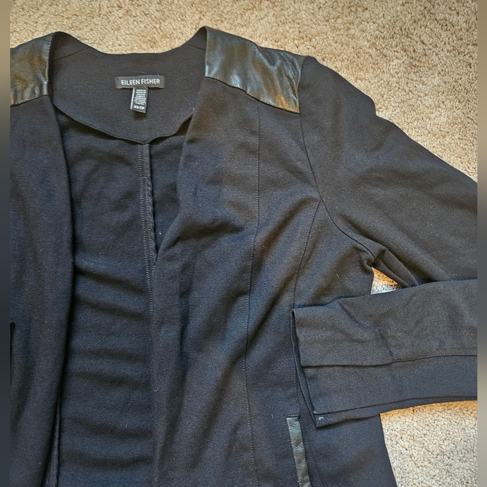 Eileen Fisher Blazer Black Leather Panel Trim Stretch Viscose Ponte Jacket Sz XS